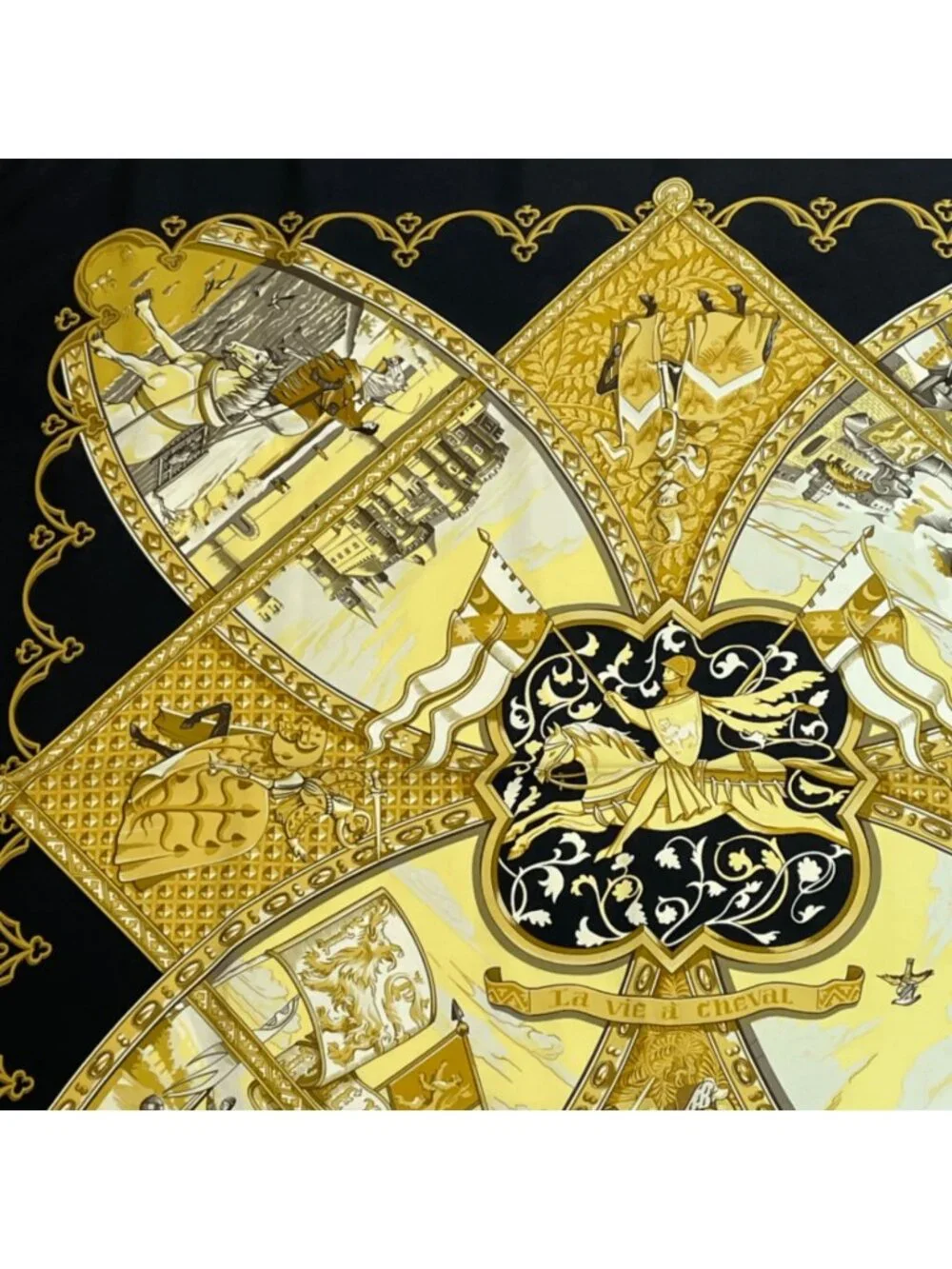 ★SOLD★ Hermes Scarf Carre 90 Scene with Horses la Vie a Cheval Gold Black - Picture 2 of 7